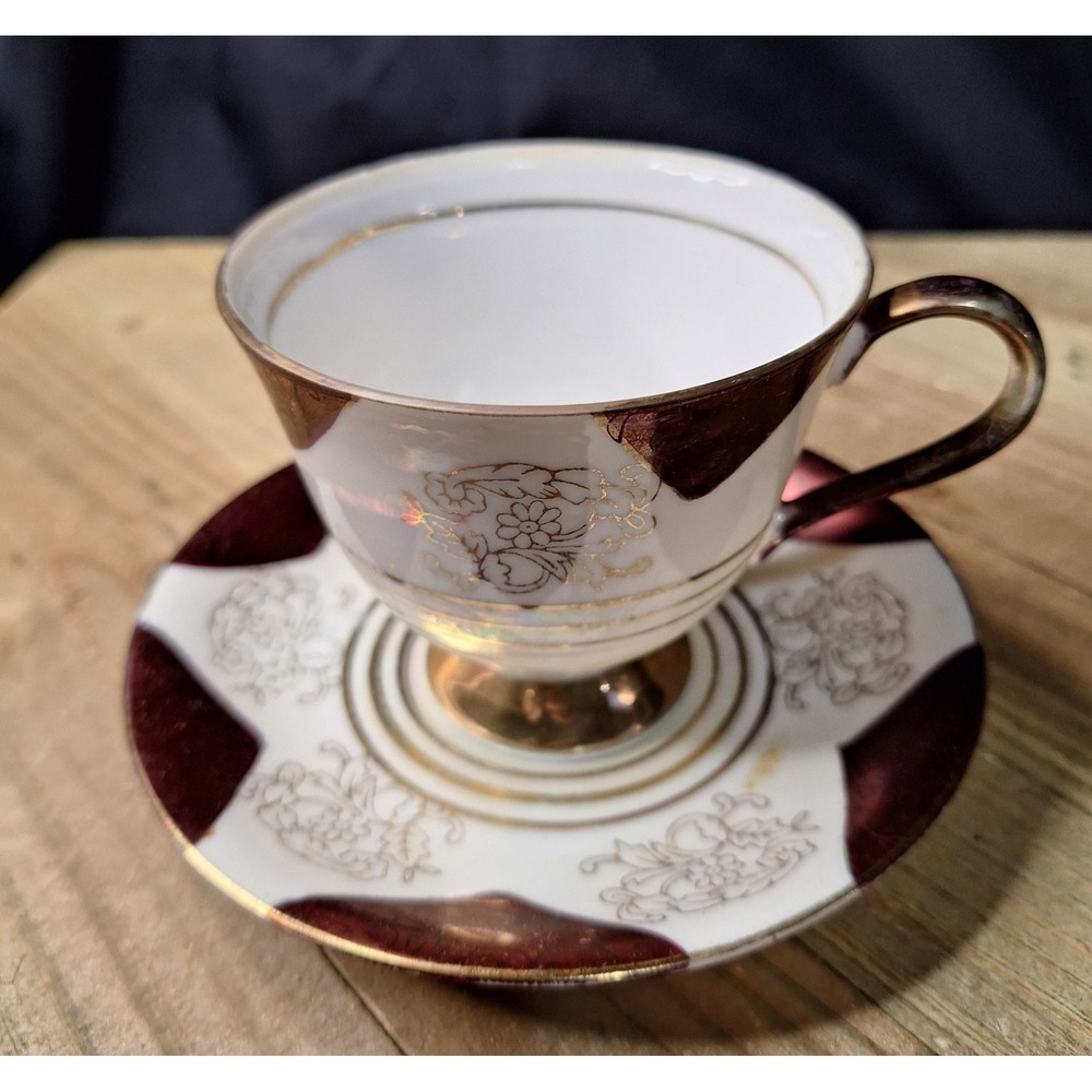 Vintage 1940's Made in Japan Lusterware Teacup and Saucer Maroon Gold Iridescent